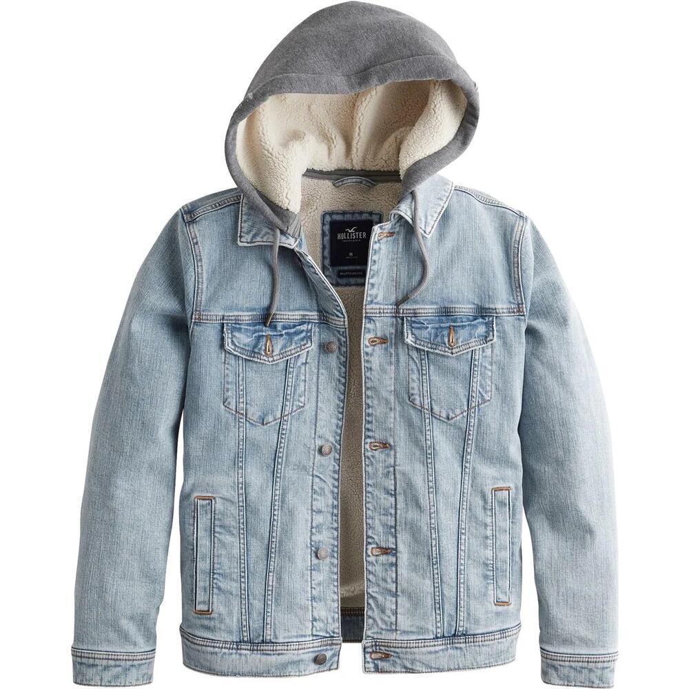 Hollister Y2K Sherpa Lined Denim Jacket With Hoodie Men Size XL